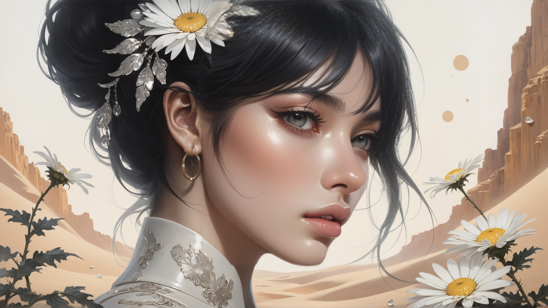 AI generated wallpaper featuring woman, daisies, desert