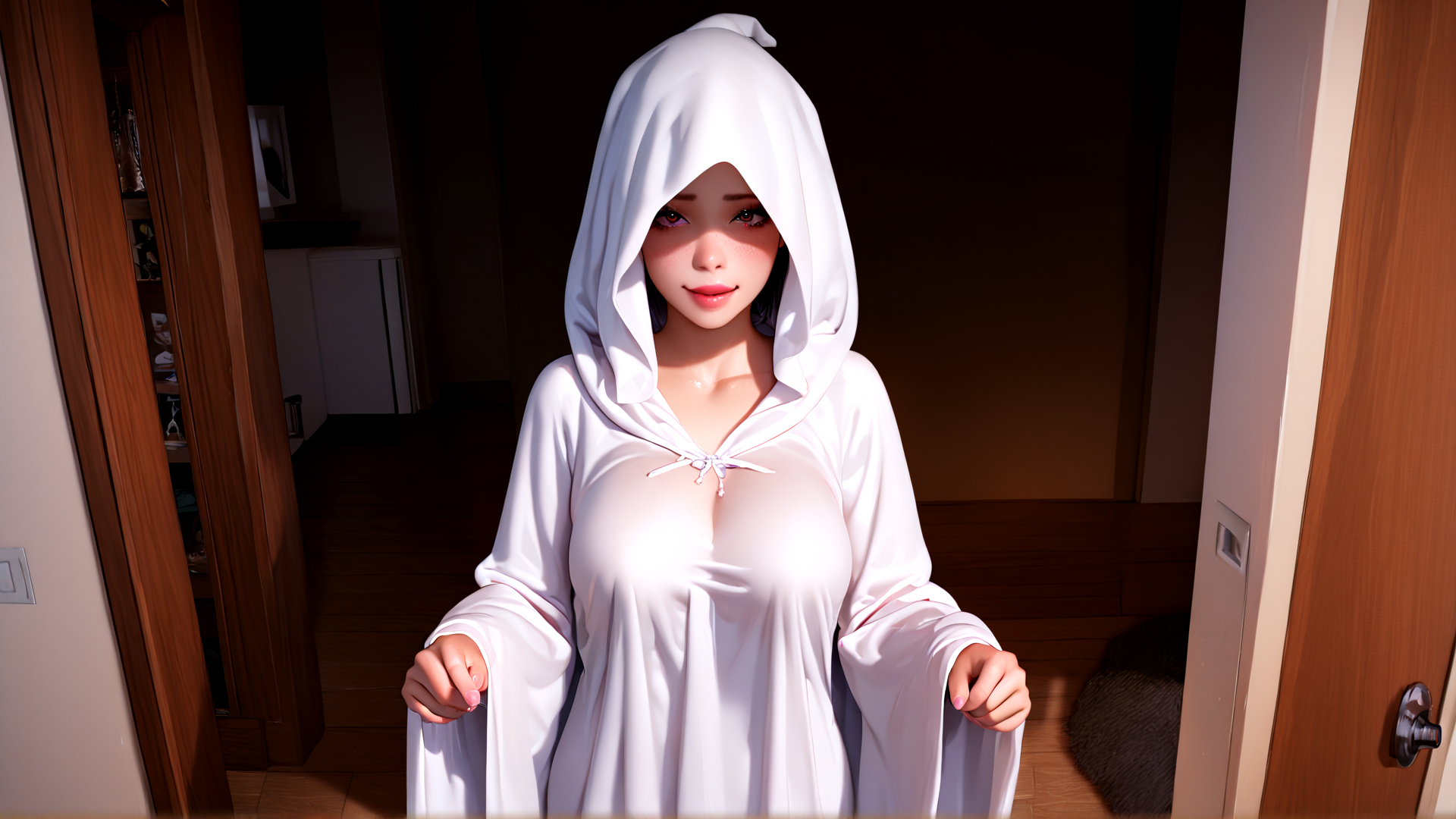 AI generated wallpaper featuring woman, hooded, robe, doorway, room