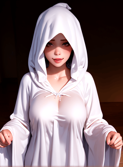 woman, hooded, robe, doorway, room