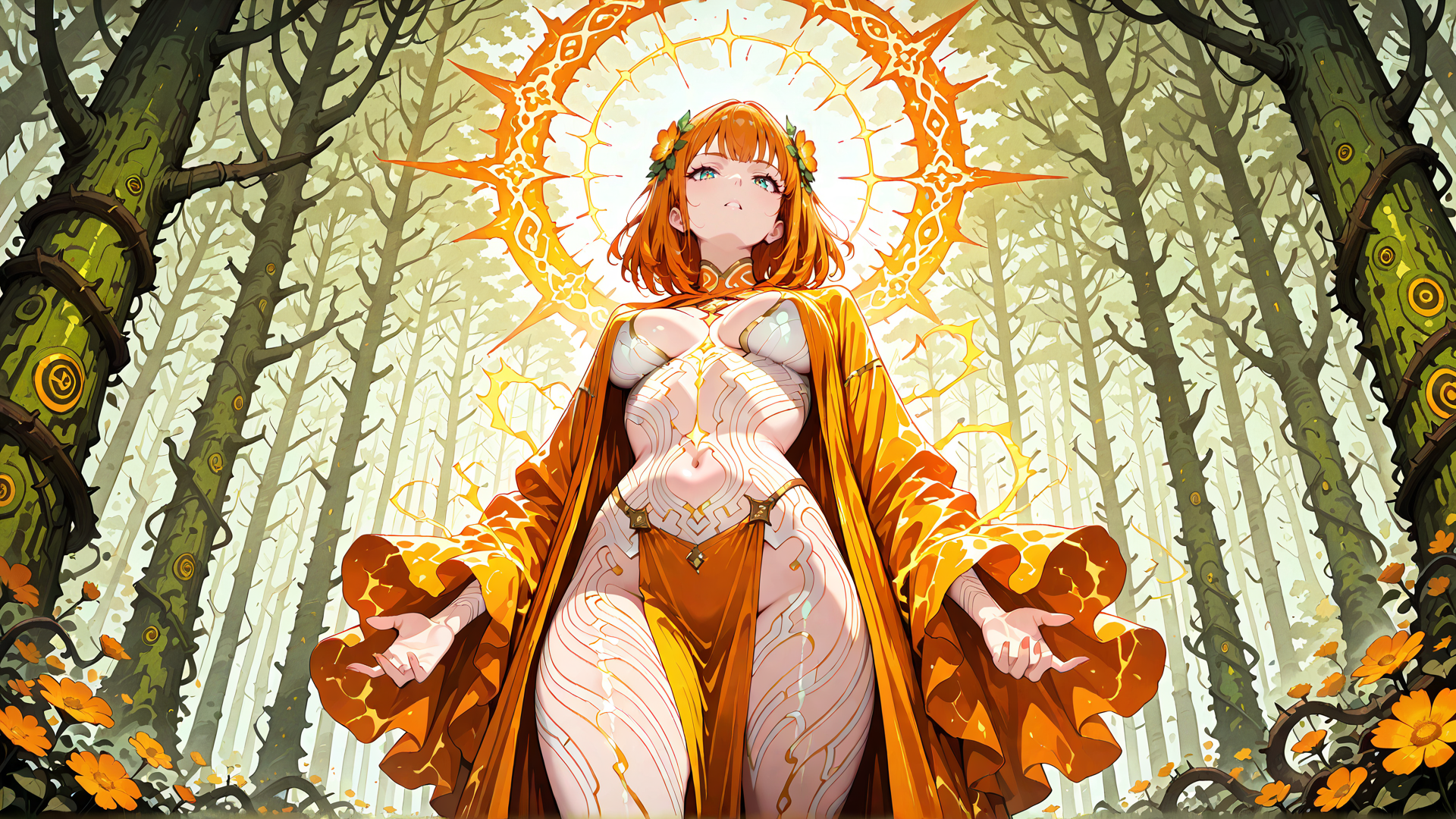 AI generated wallpaper featuring woman, forest, sun, flowers, trees, crown