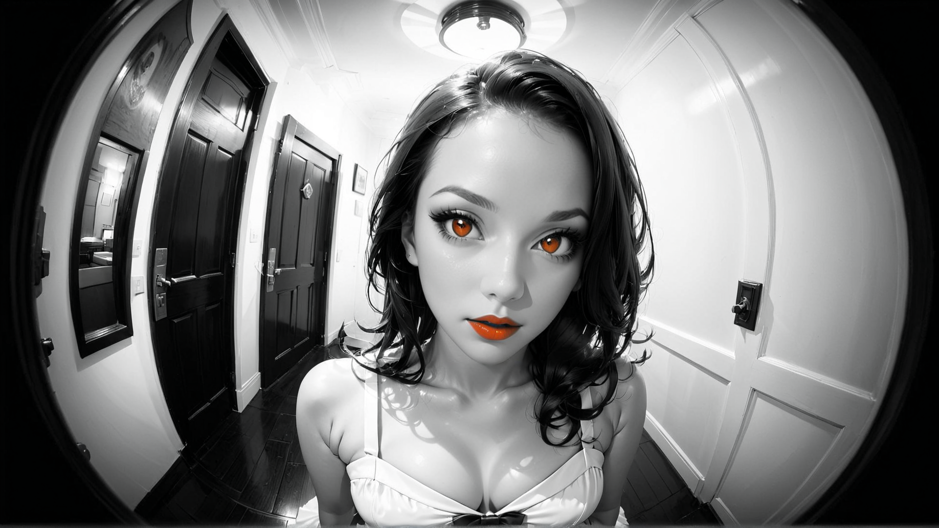 AI generated wallpaper featuring woman, corridor, doors, mirror