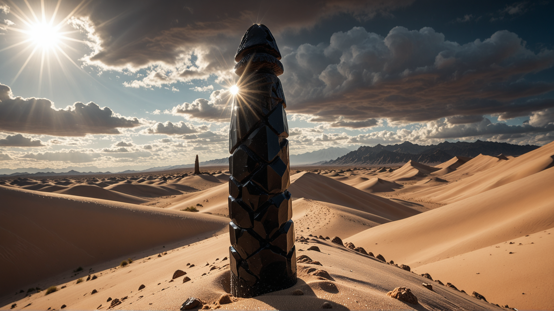 AI generated wallpaper featuring stone pillar, desert, sand dunes, sun, clouds, mountains, rocks