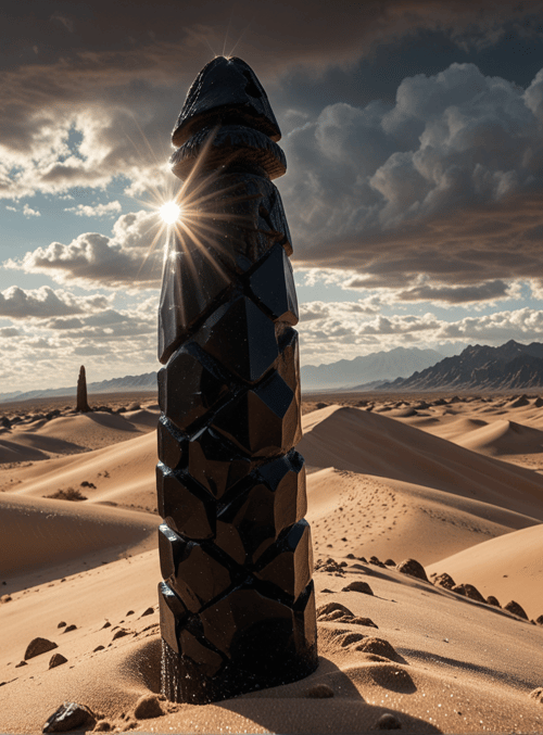 stone pillar, desert, sand dunes, sun, clouds, mountains, rocks