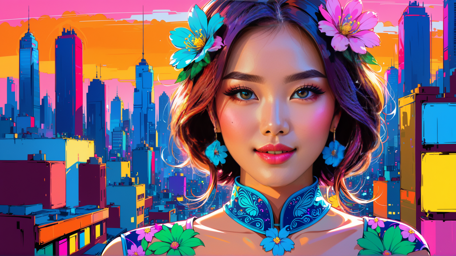 AI generated wallpaper featuring woman, city, flowers