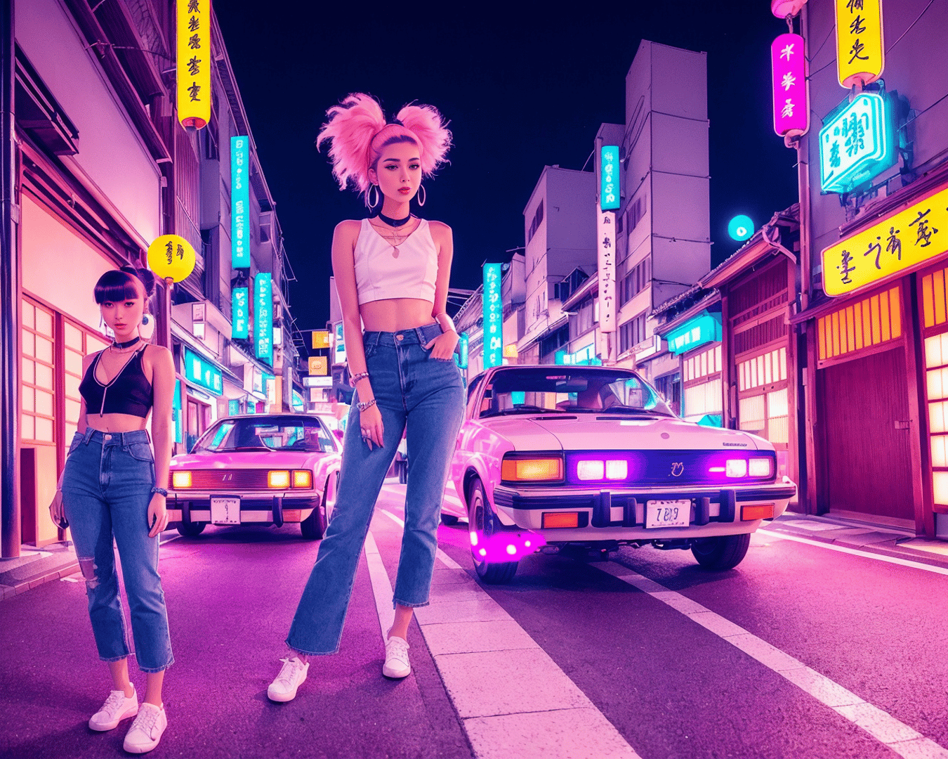 AI generated wallpaper featuring women, cars, street