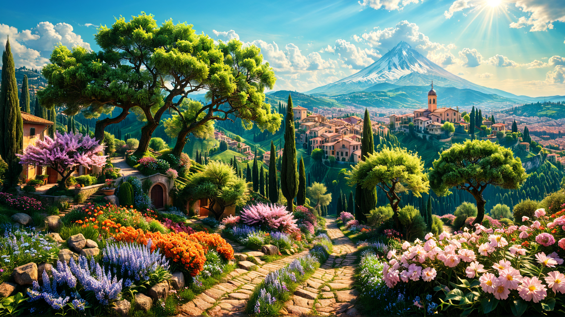AI generated wallpaper featuring garden, village, mountain