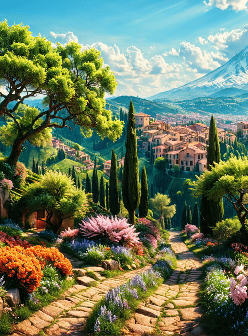 garden, village, mountain