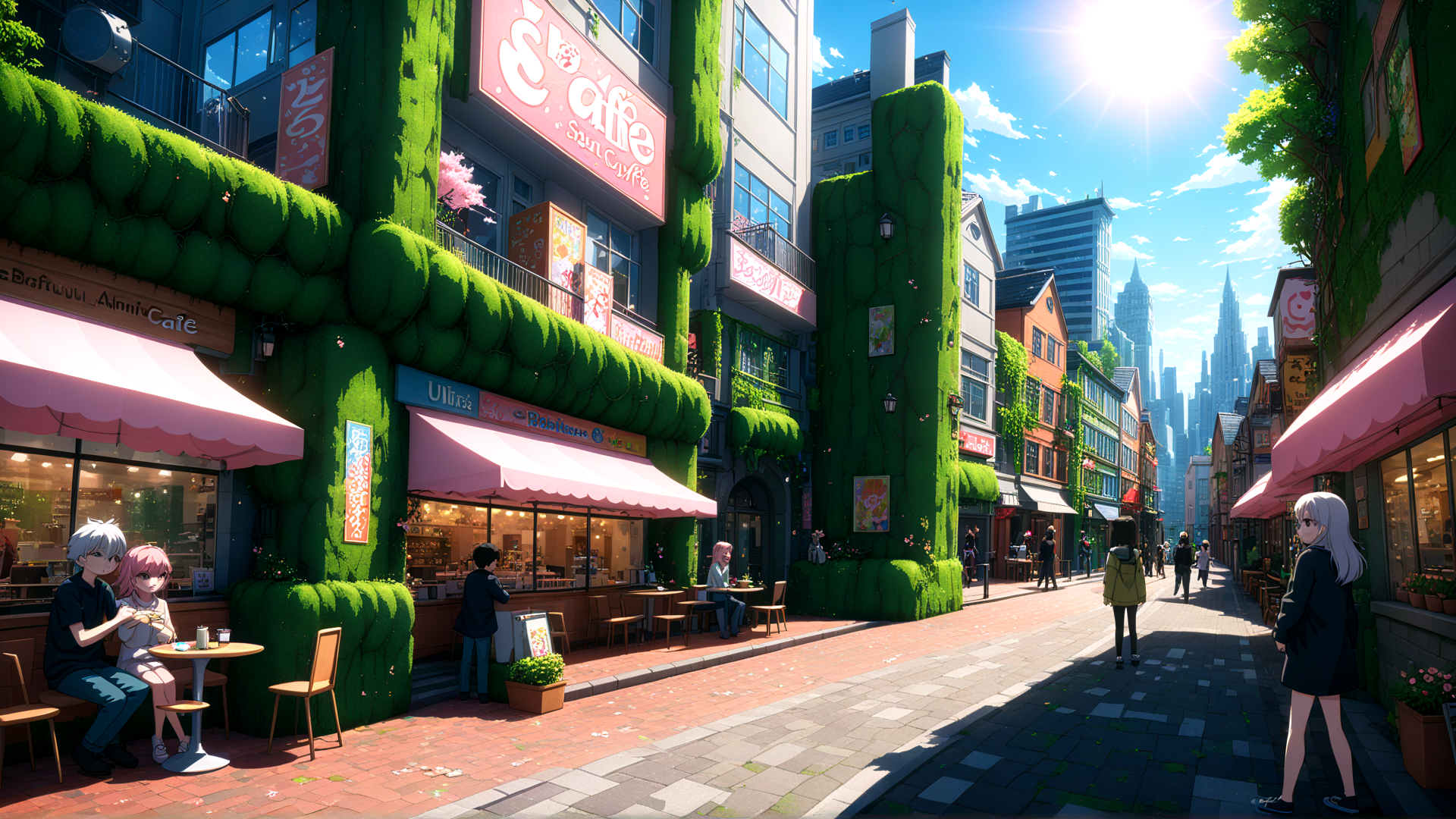 AI generated wallpaper featuring street, cafes, people