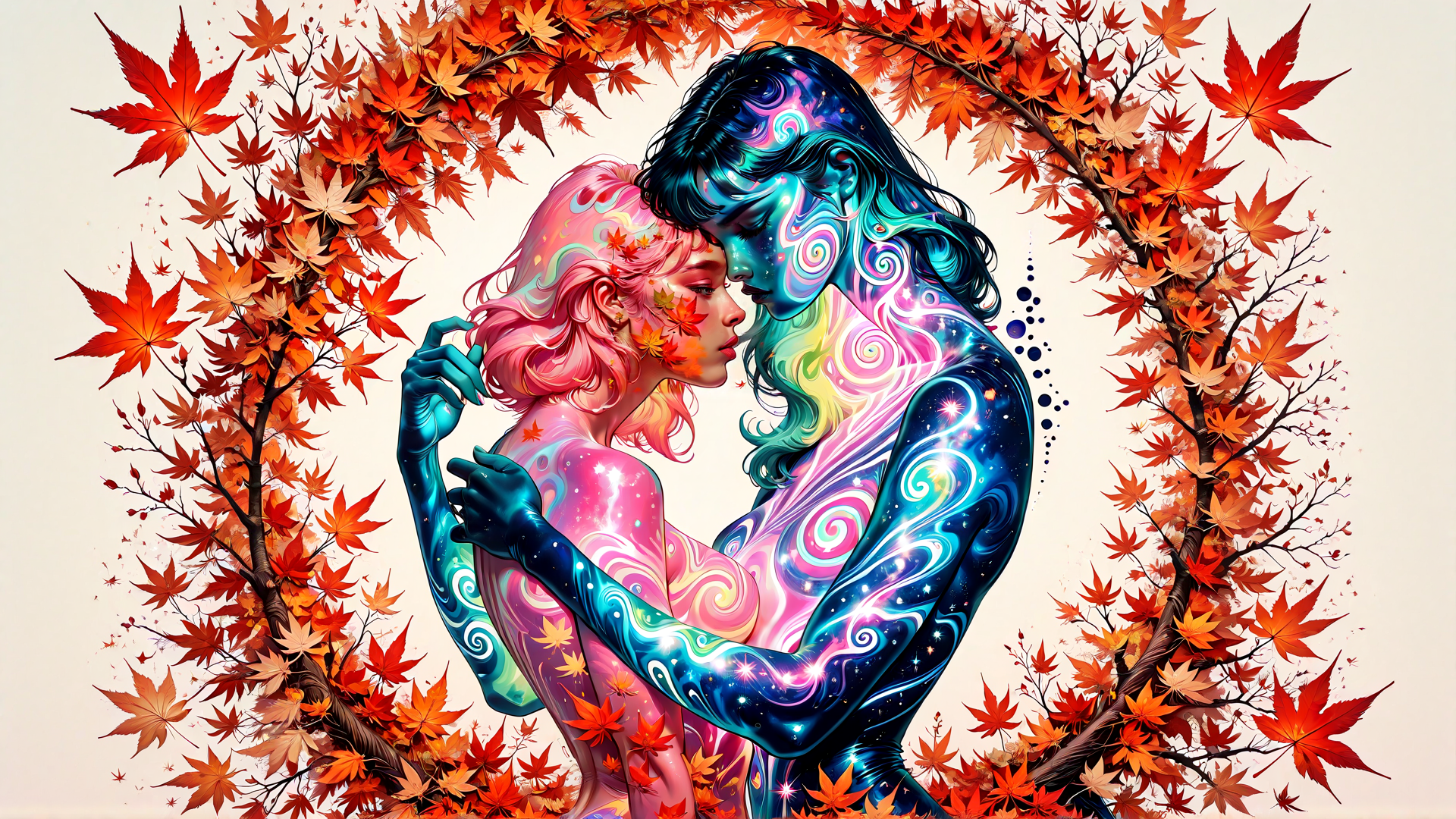 AI generated wallpaper featuring couple, maple leaves, swirl patterns, glowing skin, tree branches