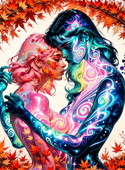 couple, maple leaves, swirl patterns, glowing skin, tree branches