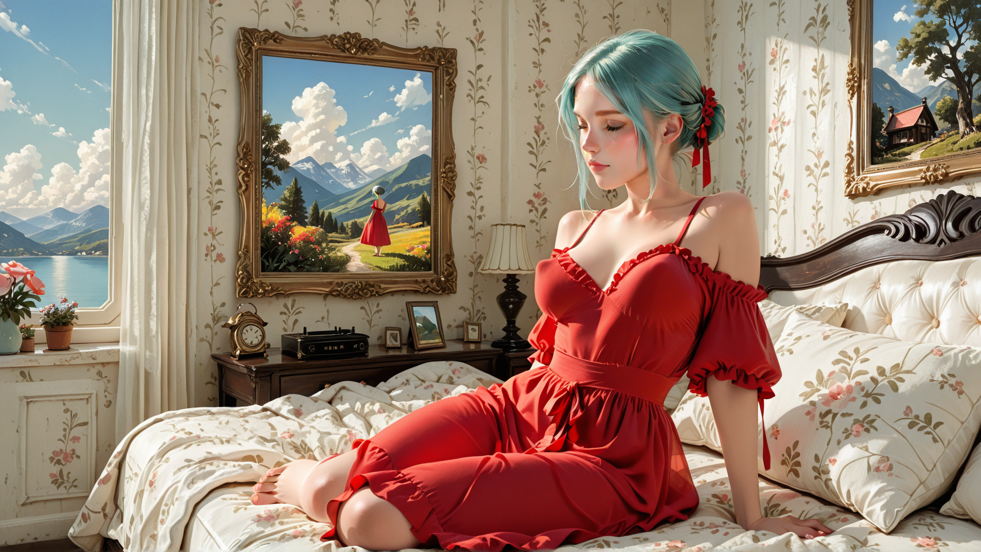 AI generated wallpaper featuring woman, bedroom, painting, bed, curtains, flowers, dress, clock, mountains, window