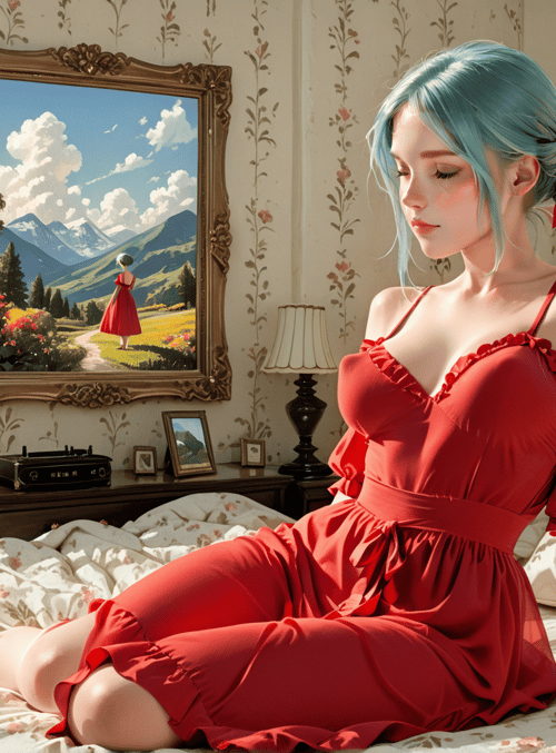 woman, bedroom, painting, bed, curtains, flowers, dress, clock, mountains, window