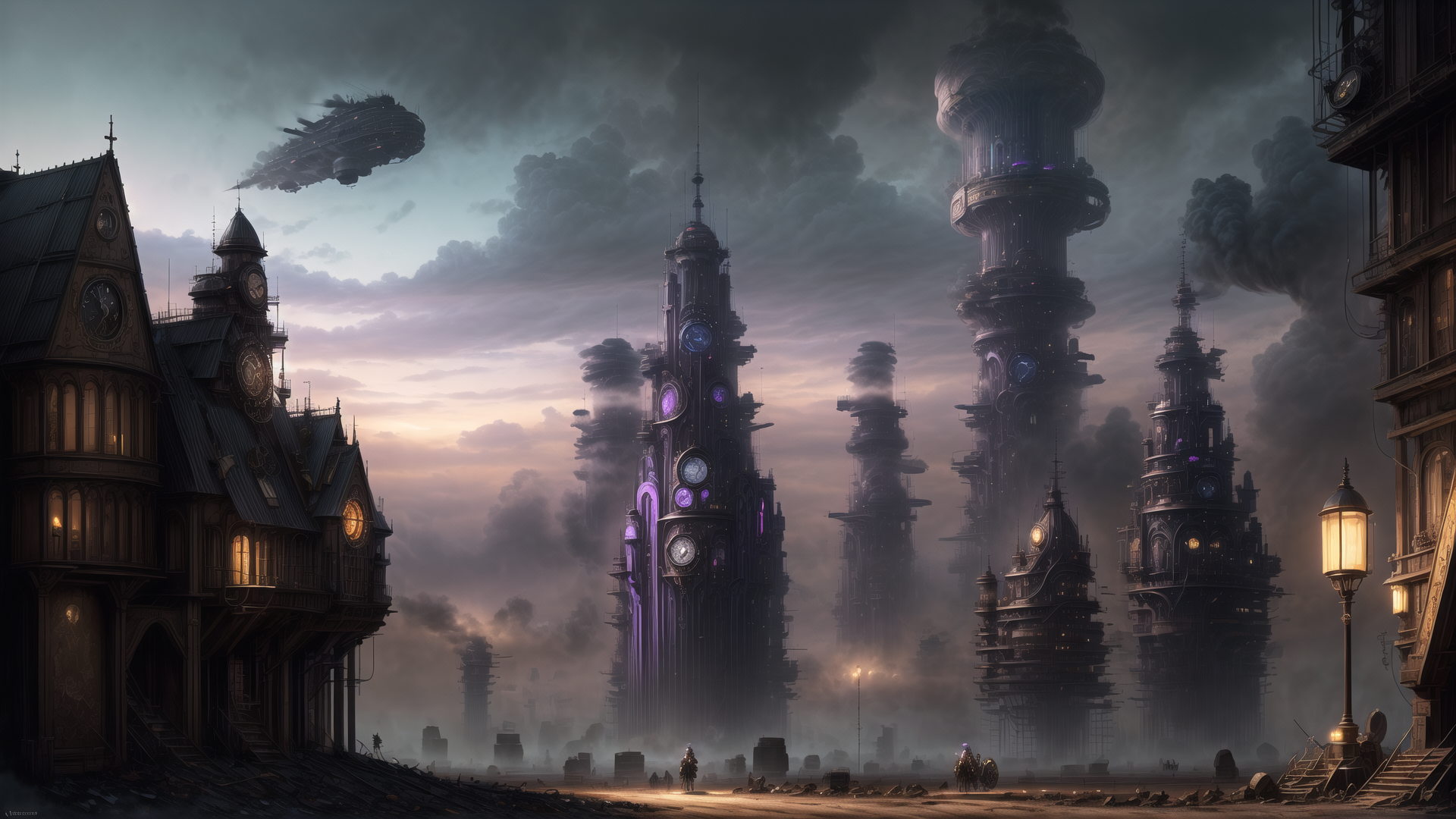 AI generated wallpaper featuring clock tower, steampunk building, flying ship