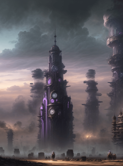 clock tower, steampunk building, flying ship