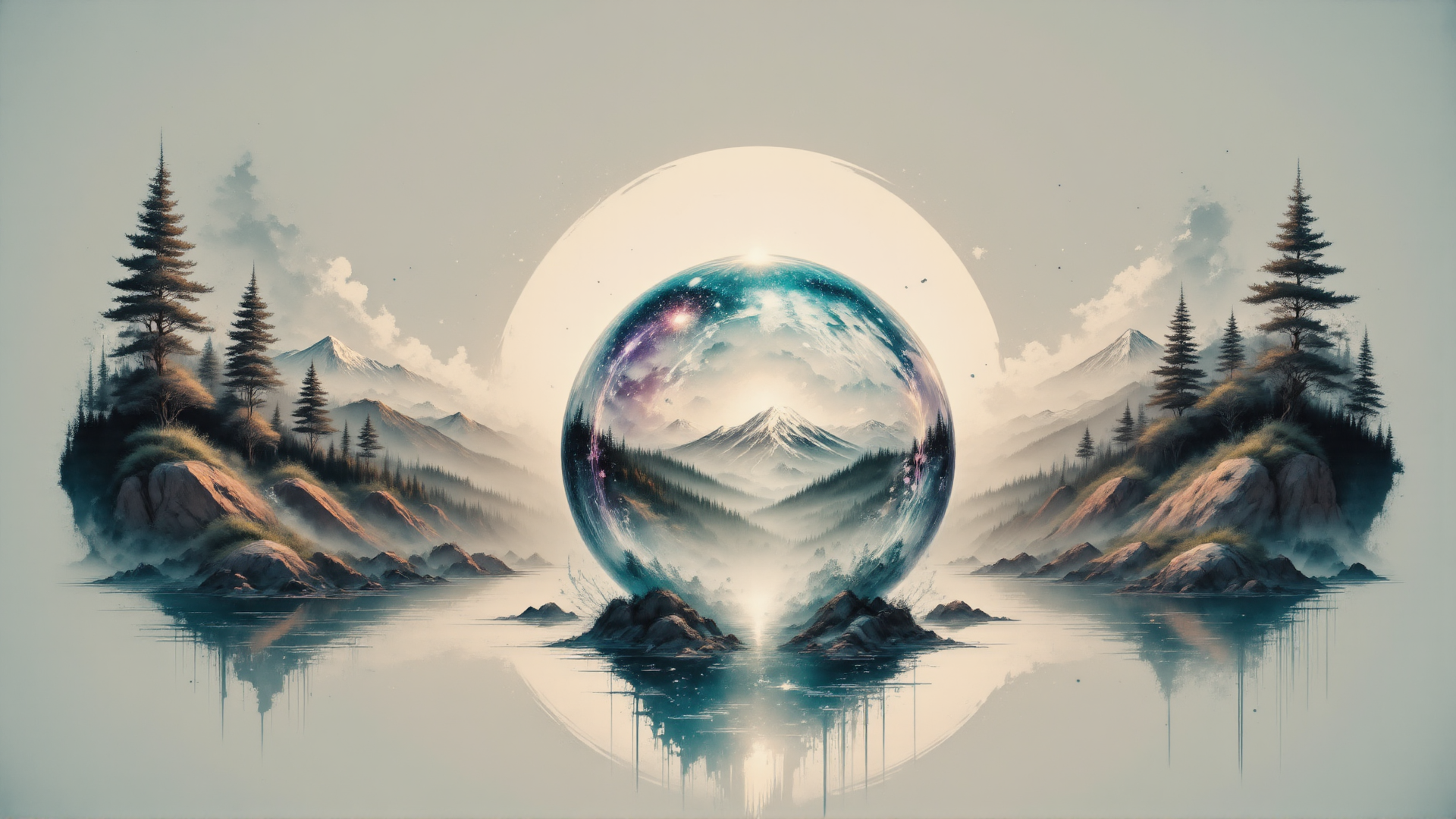 AI generated wallpaper featuring crystal ball, mountains, forest, lake, moon