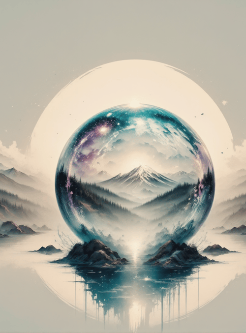 crystal ball, mountains, forest, lake, moon