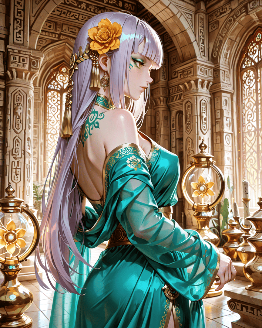 AI generated wallpaper featuring woman, goddess, princess, dress, hair, flower, lamp, arch, temple, ornament
