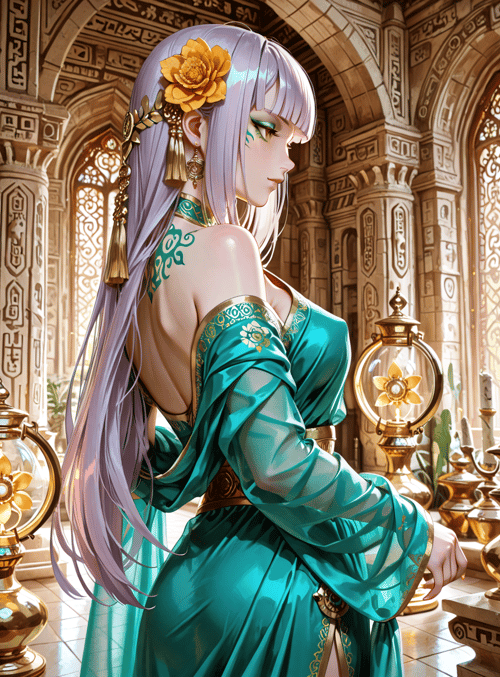 woman, goddess, princess, dress, hair, flower, lamp, arch, temple, ornament