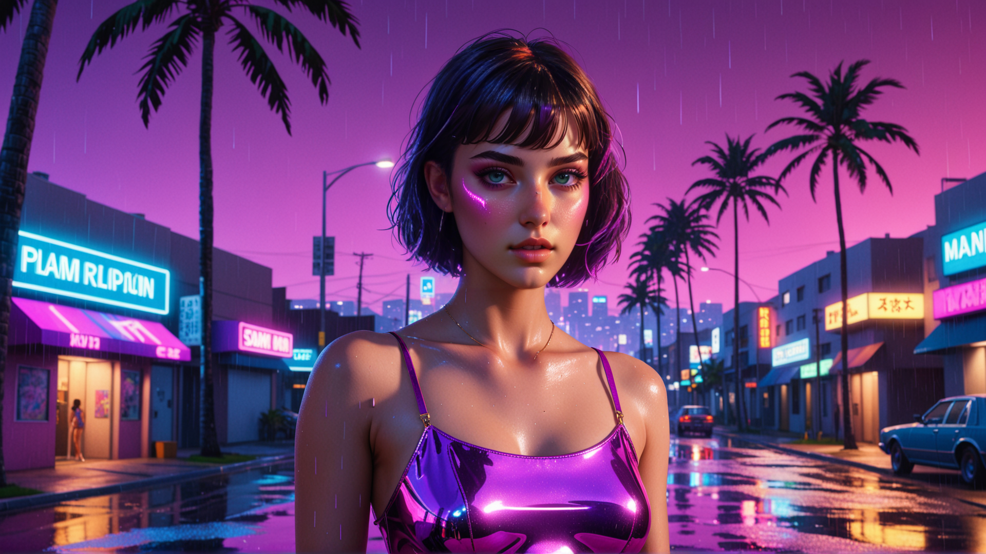 AI generated wallpaper featuring woman, palm tree, street