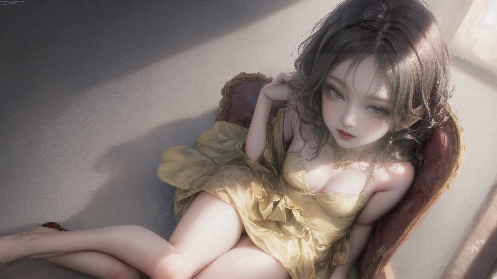 AI generated wallpaper featuring woman, chaise lounge, dress
