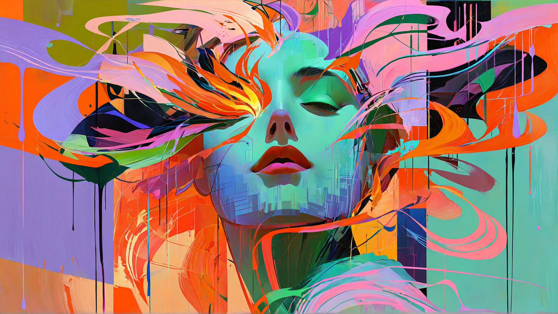 AI generated wallpaper featuring face, abstract, painting, woman, art, figure, colorful, design, digital, illustration