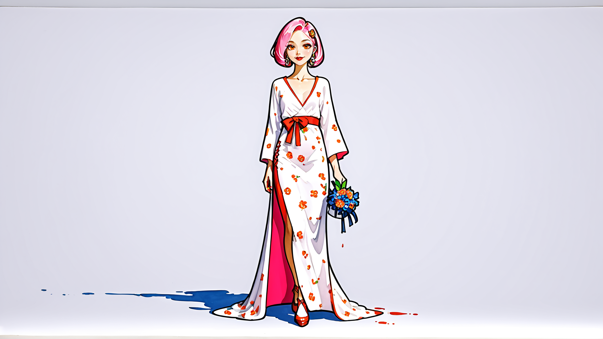 AI generated wallpaper featuring woman, bride, dress, flowers, boquet, shoes, hair