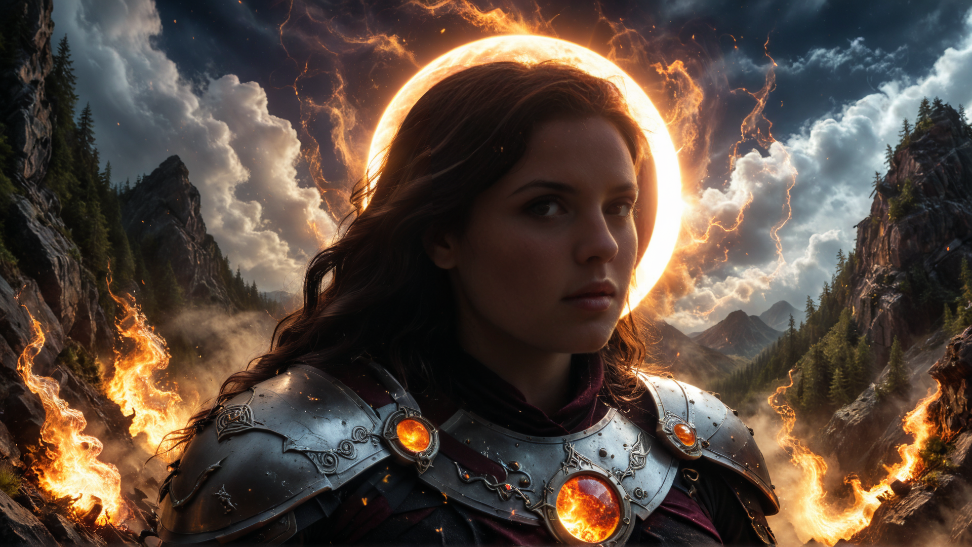 AI generated wallpaper featuring warrior, sunset, mountains