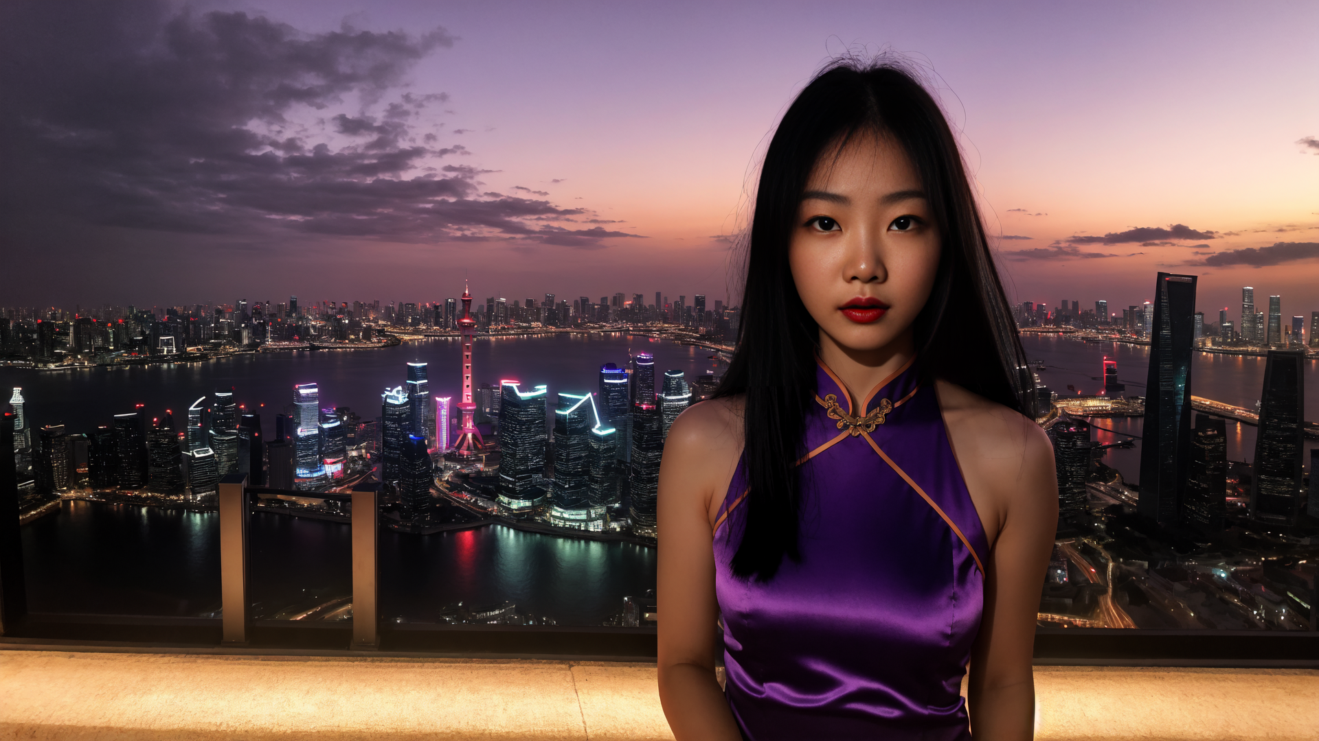AI generated wallpaper featuring woman, cityscape, skyscrapers
