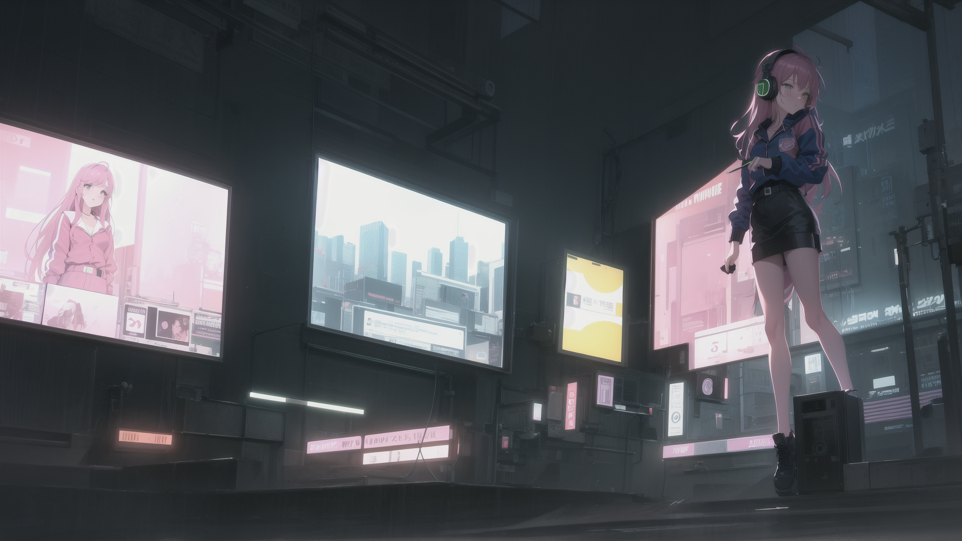 AI generated wallpaper featuring anime girl, cityscape, billboards