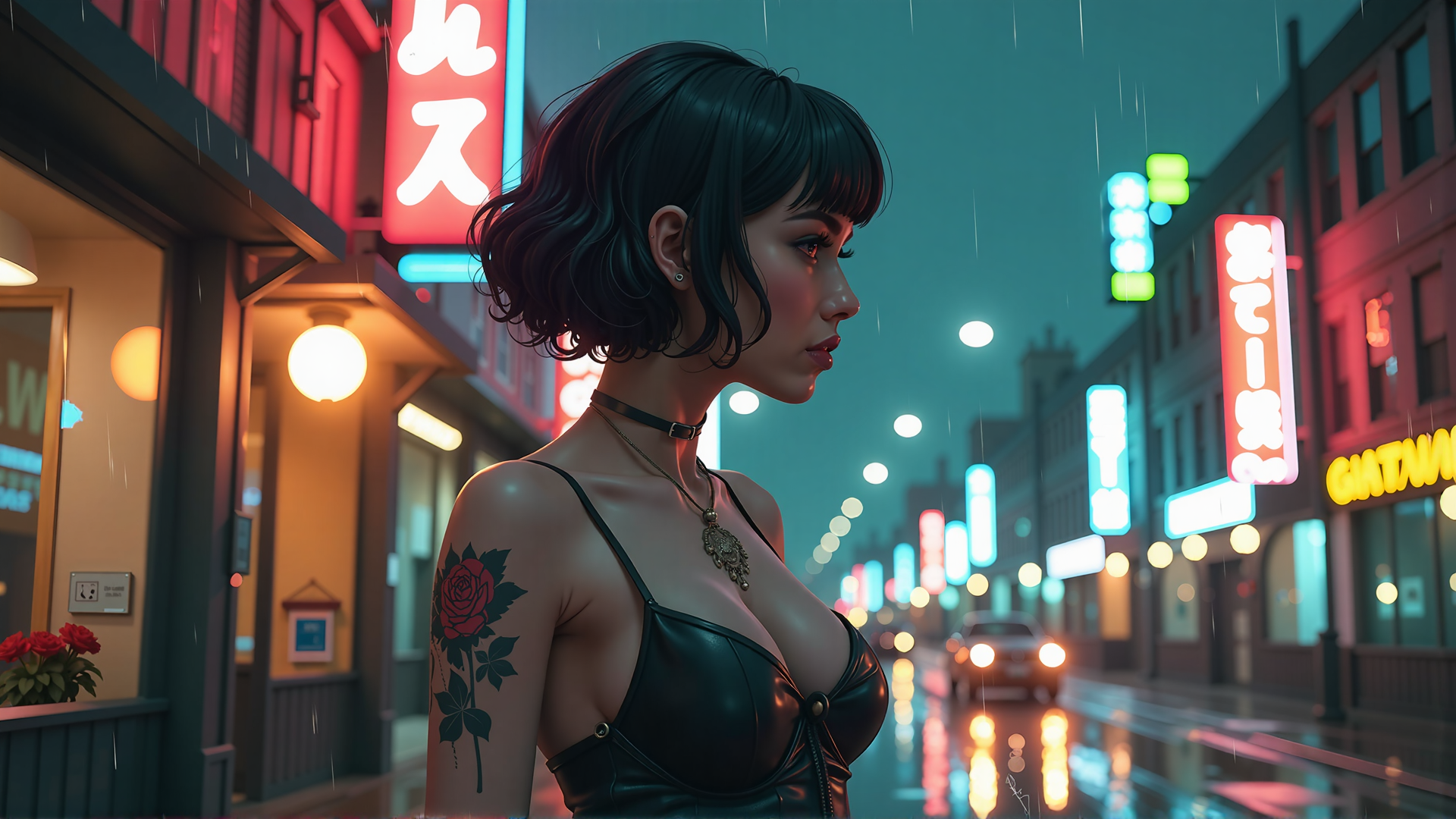 AI generated wallpaper featuring woman, tattoo, neon, street, rain, signs, city