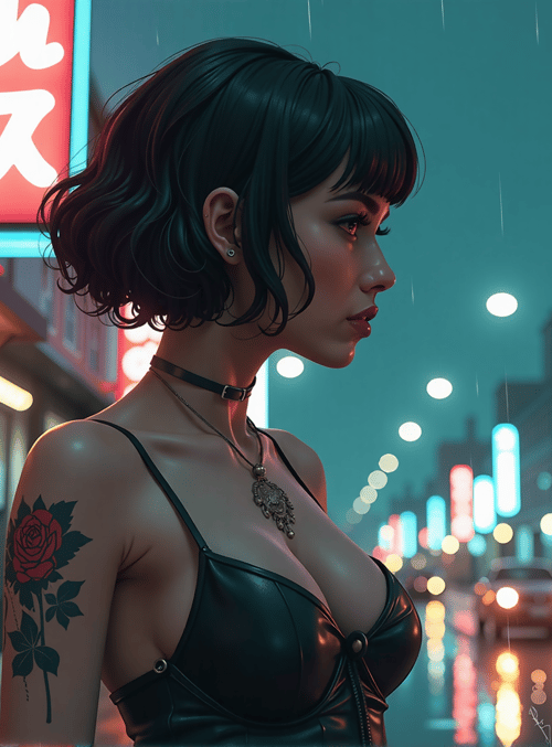 woman, tattoo, neon, street, rain, signs, city