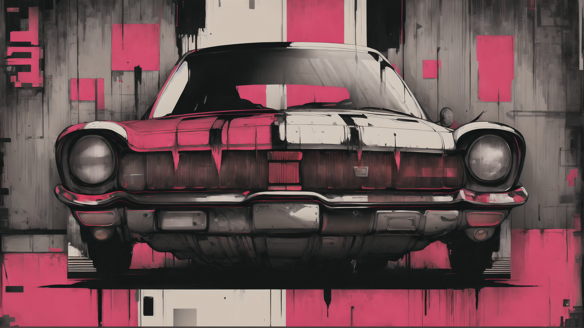 AI generated wallpaper featuring car, paint, wall, art, graffiti, decal, vehicle, urban, background, design