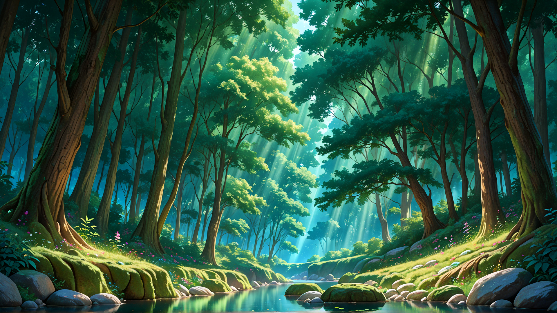 AI generated wallpaper featuring forest, trees, river, sunlight, moss, rocks, flowers, grass, canopy, stream