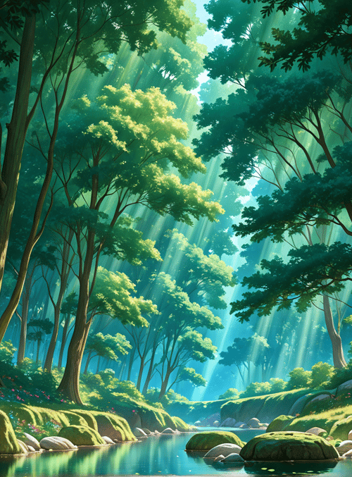 forest, trees, river, sunlight, moss, rocks, flowers, grass, canopy, stream