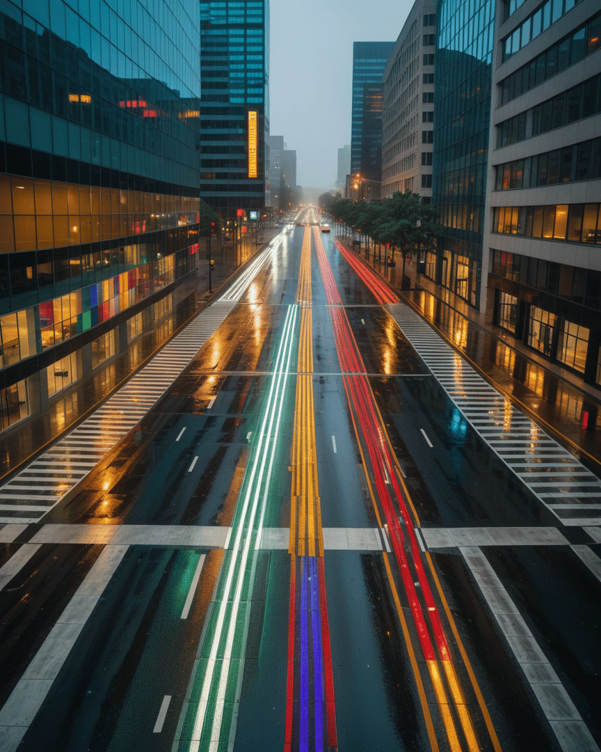 AI generated wallpaper featuring city street, buildings, traffic lights, crosswalk, road, cars