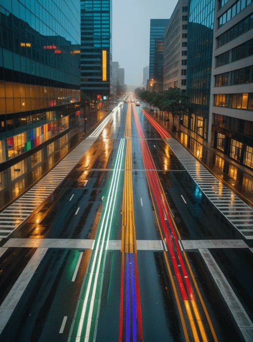 city street, buildings, traffic lights, crosswalk, road, cars