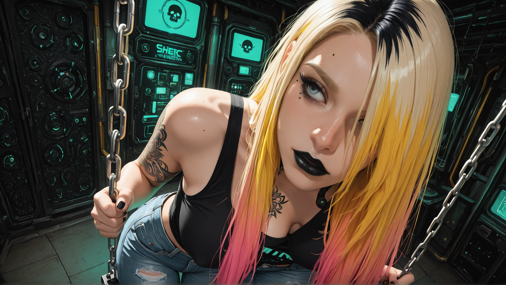 AI generated wallpaper featuring woman, chains, tattoo, cyberpunk, jeans, top