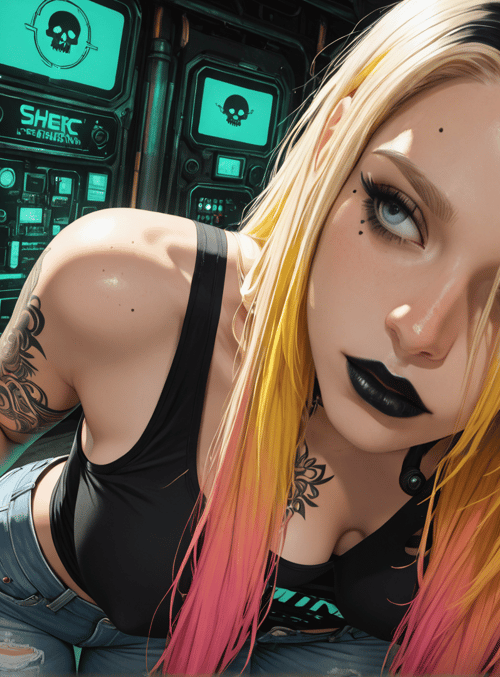 woman, chains, tattoo, cyberpunk, jeans, top