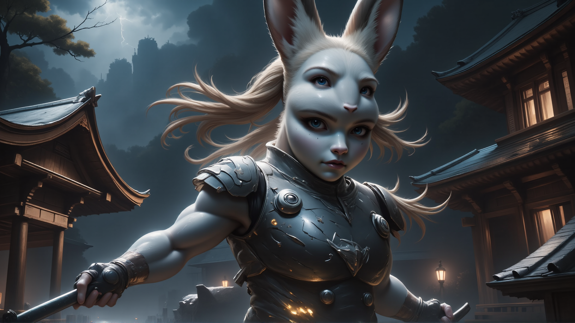 AI generated wallpaper featuring rabbit, warrior, sword, armor, castle, trees