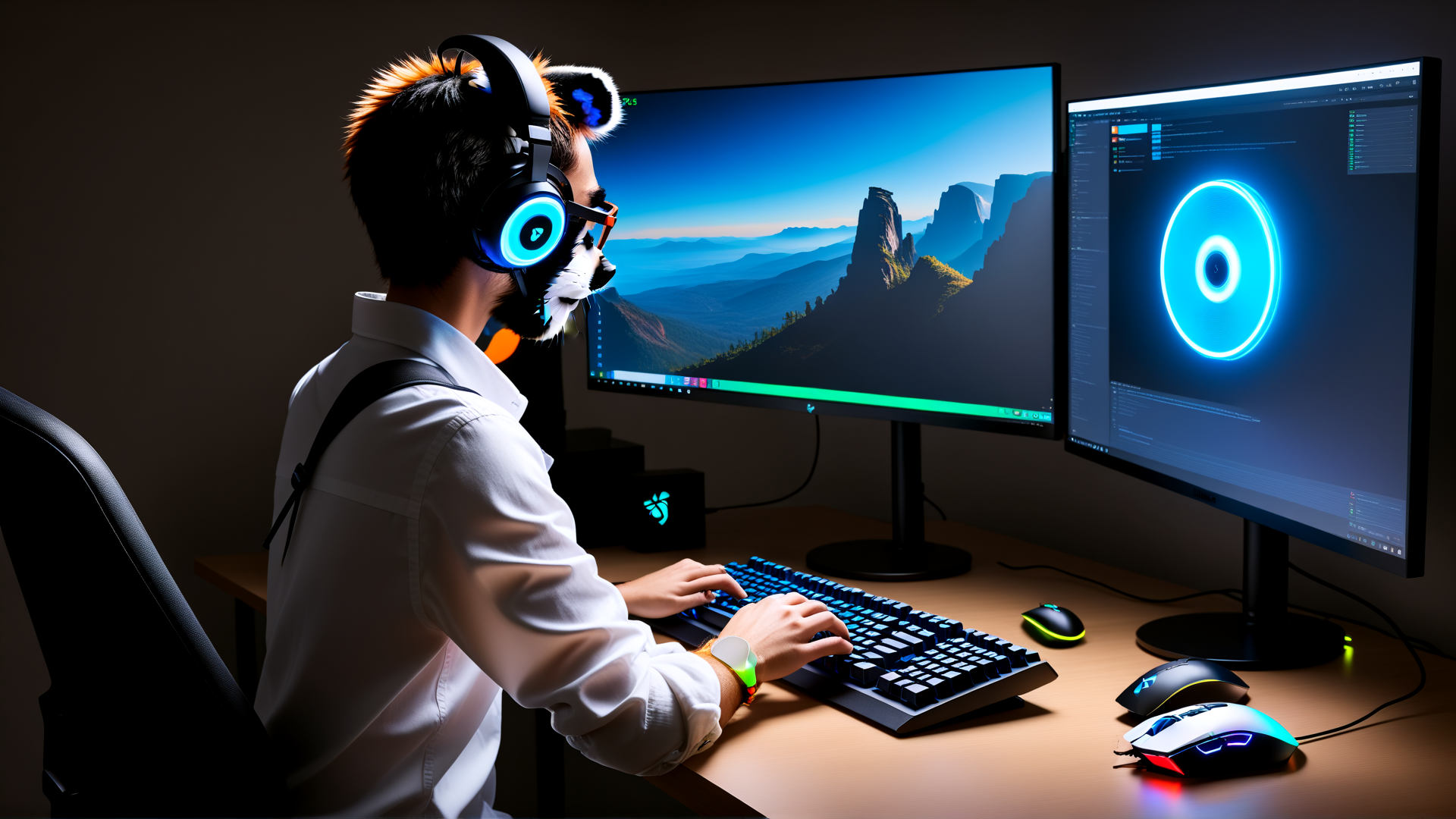 AI generated wallpaper featuring person, headphones, computer, monitors, keyboard, mouse