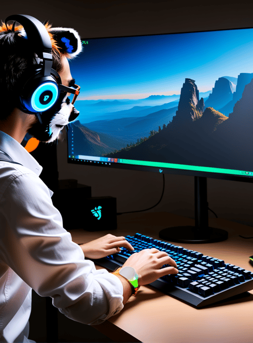 person, headphones, computer, monitors, keyboard, mouse