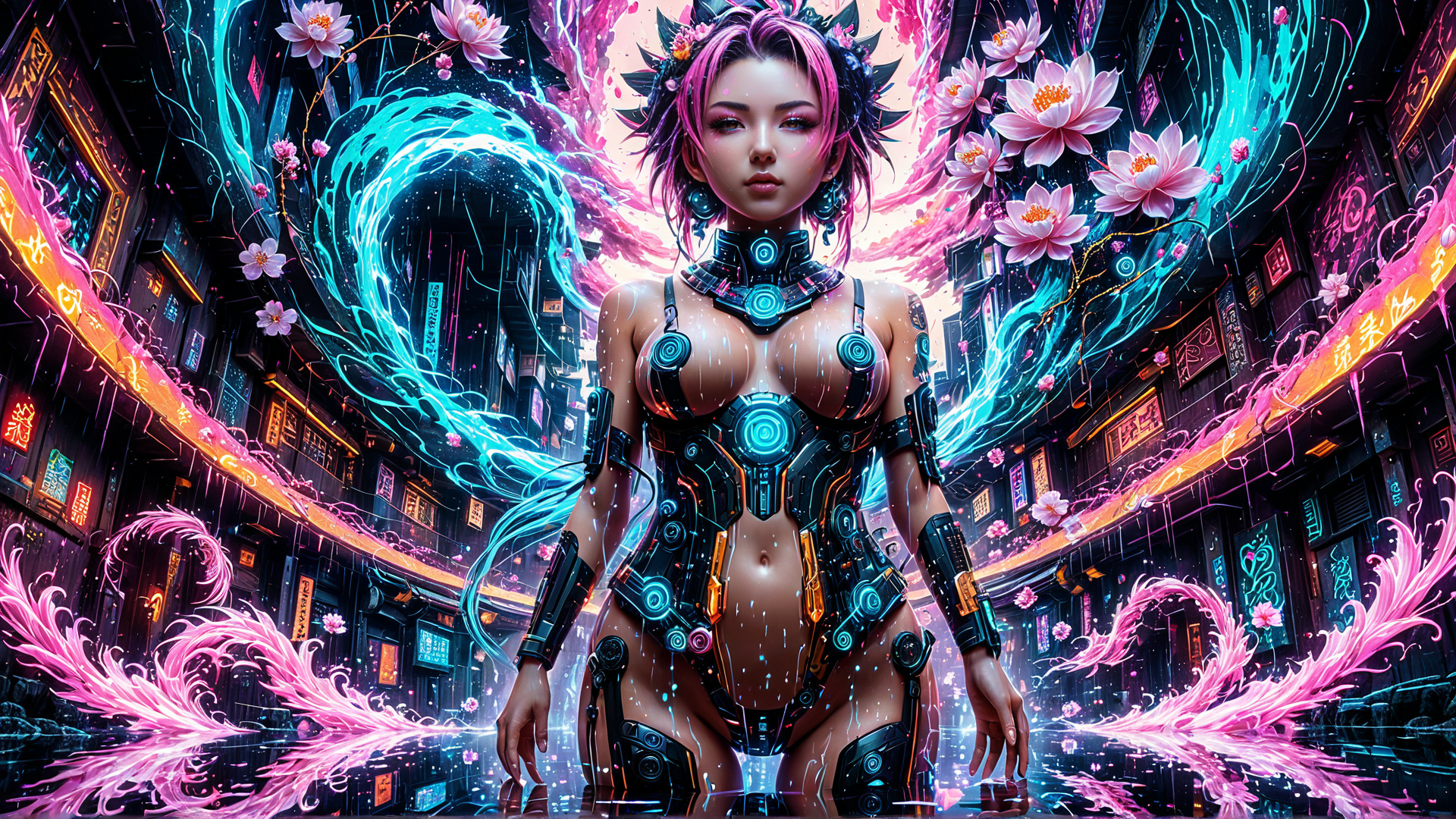 AI generated wallpaper featuring cyborg, girl, neon