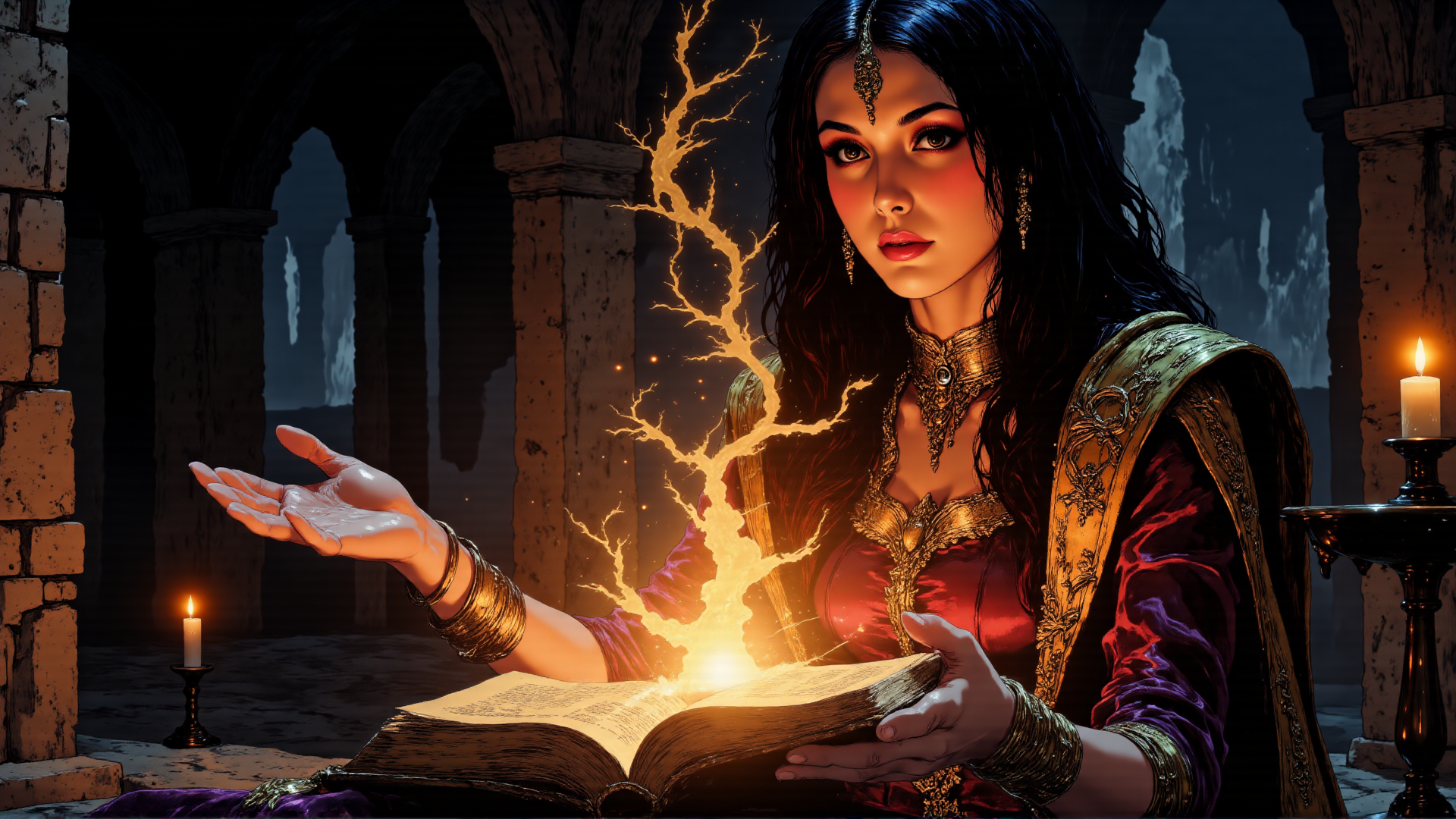 AI generated wallpaper featuring woman, book, candle, tree, arches, jewelry, candlestick, stone, cloak, fingers
