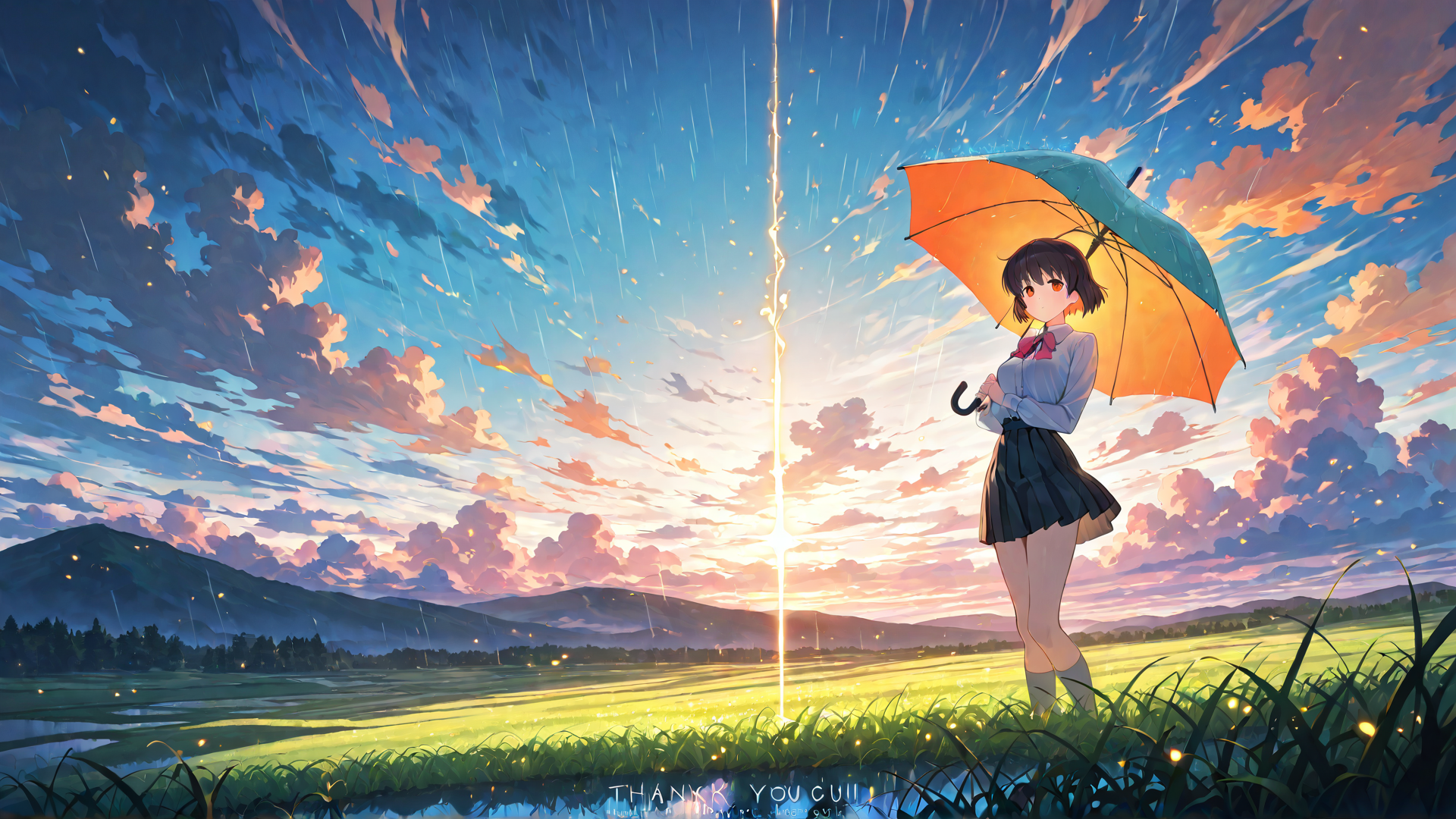 AI generated wallpaper featuring girl, umbrella, field