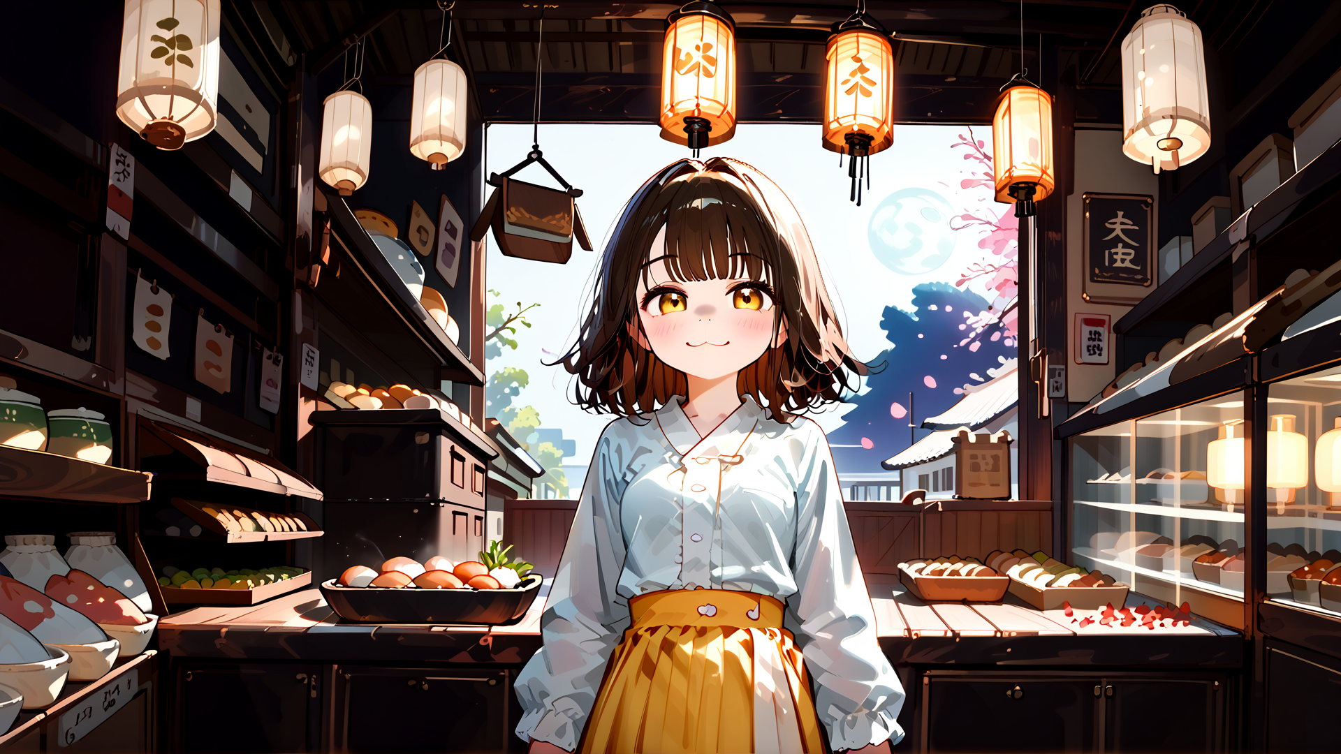 AI generated wallpaper featuring girl, bakery, lantern, cherry blossom, moon, egg, bread, shelves, sign, bowl