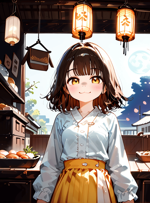 girl, bakery, lantern, cherry blossom, moon, egg, bread, shelves, sign, bowl
