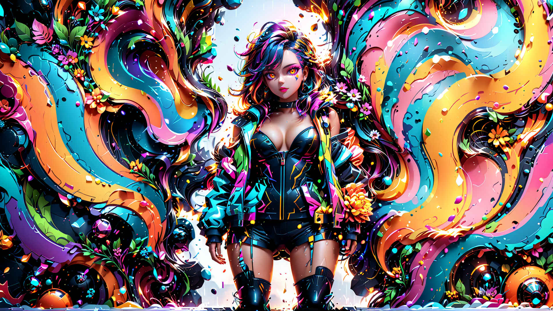 AI generated wallpaper featuring woman, flowers, swirls