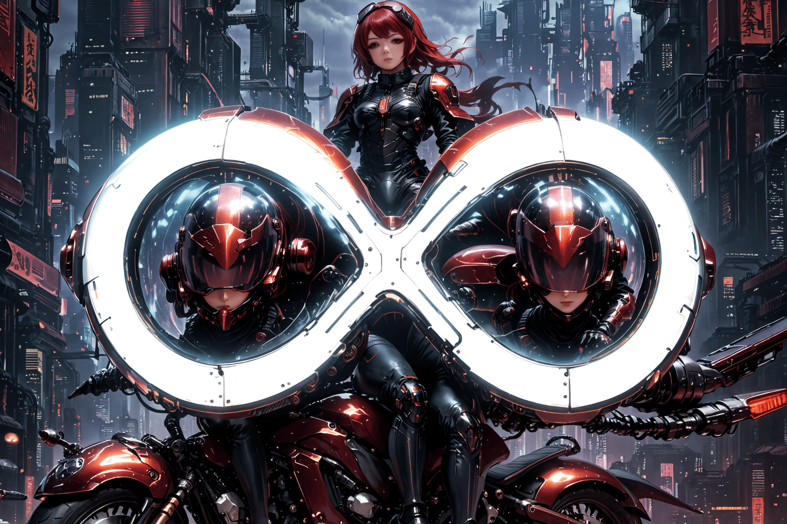 AI generated wallpaper featuring cyborg, motorcycle, city
