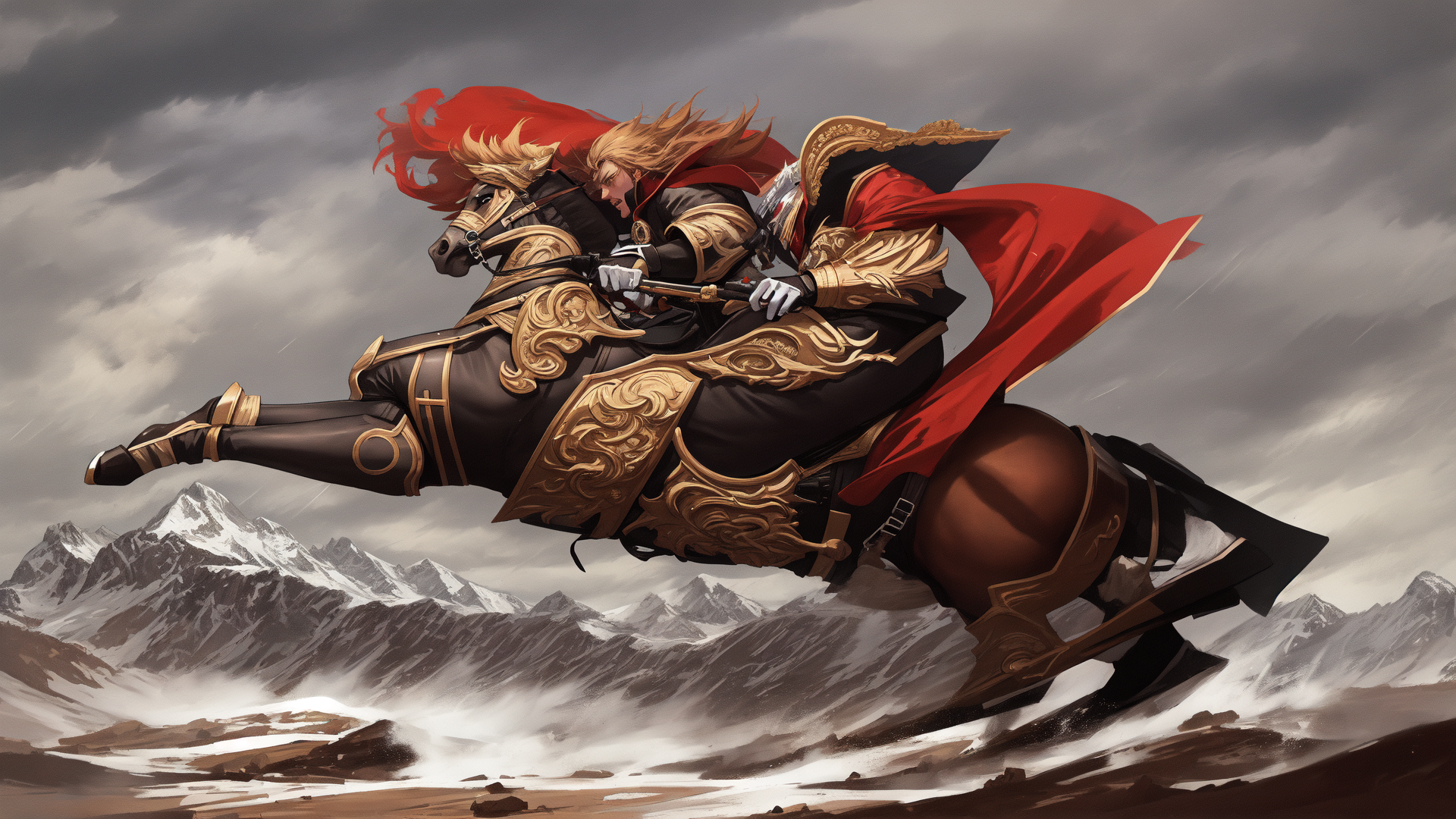 AI generated wallpaper featuring warrior, horse, mountain