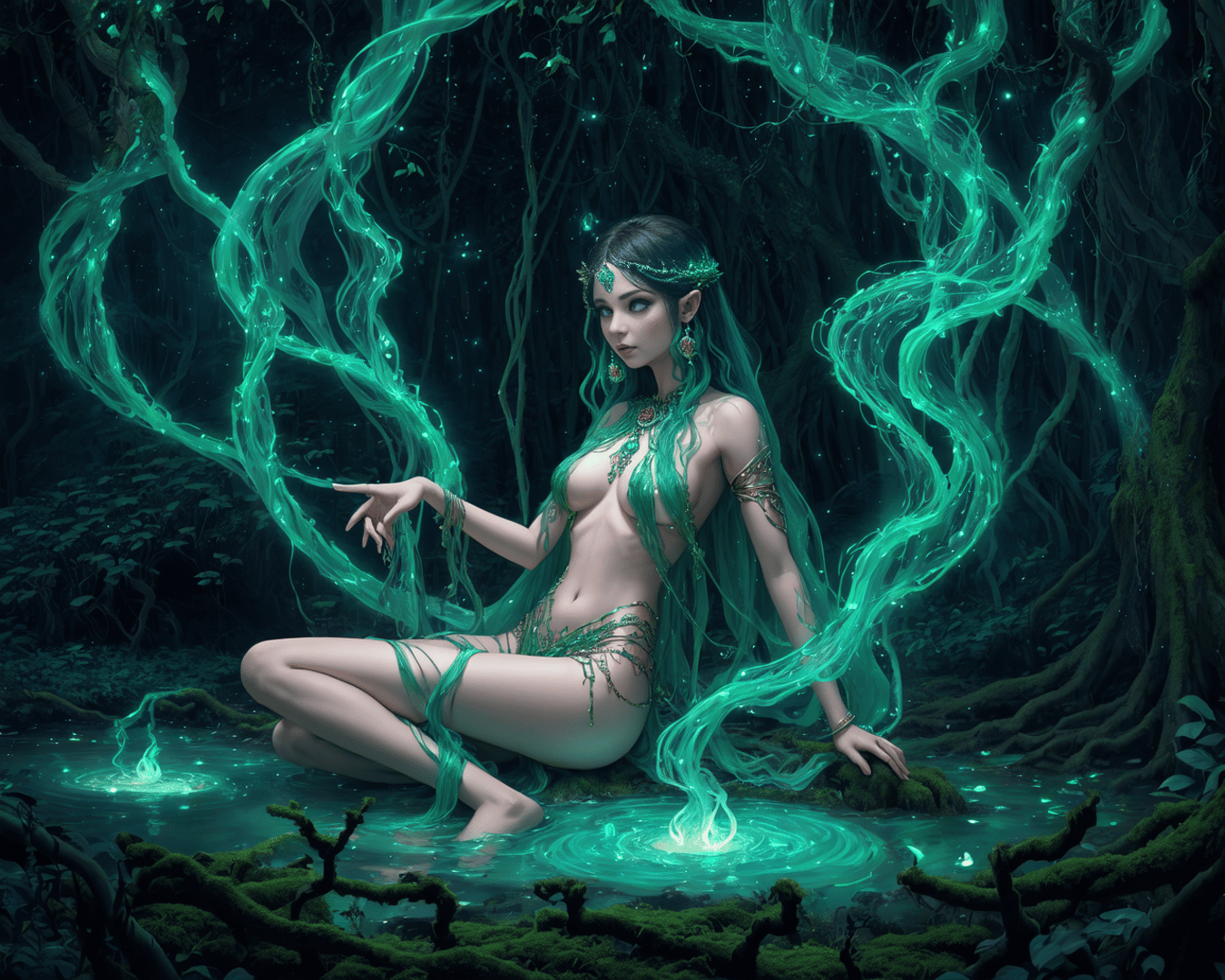 AI generated wallpaper featuring nature spirit, femme fatale, forest goddess
